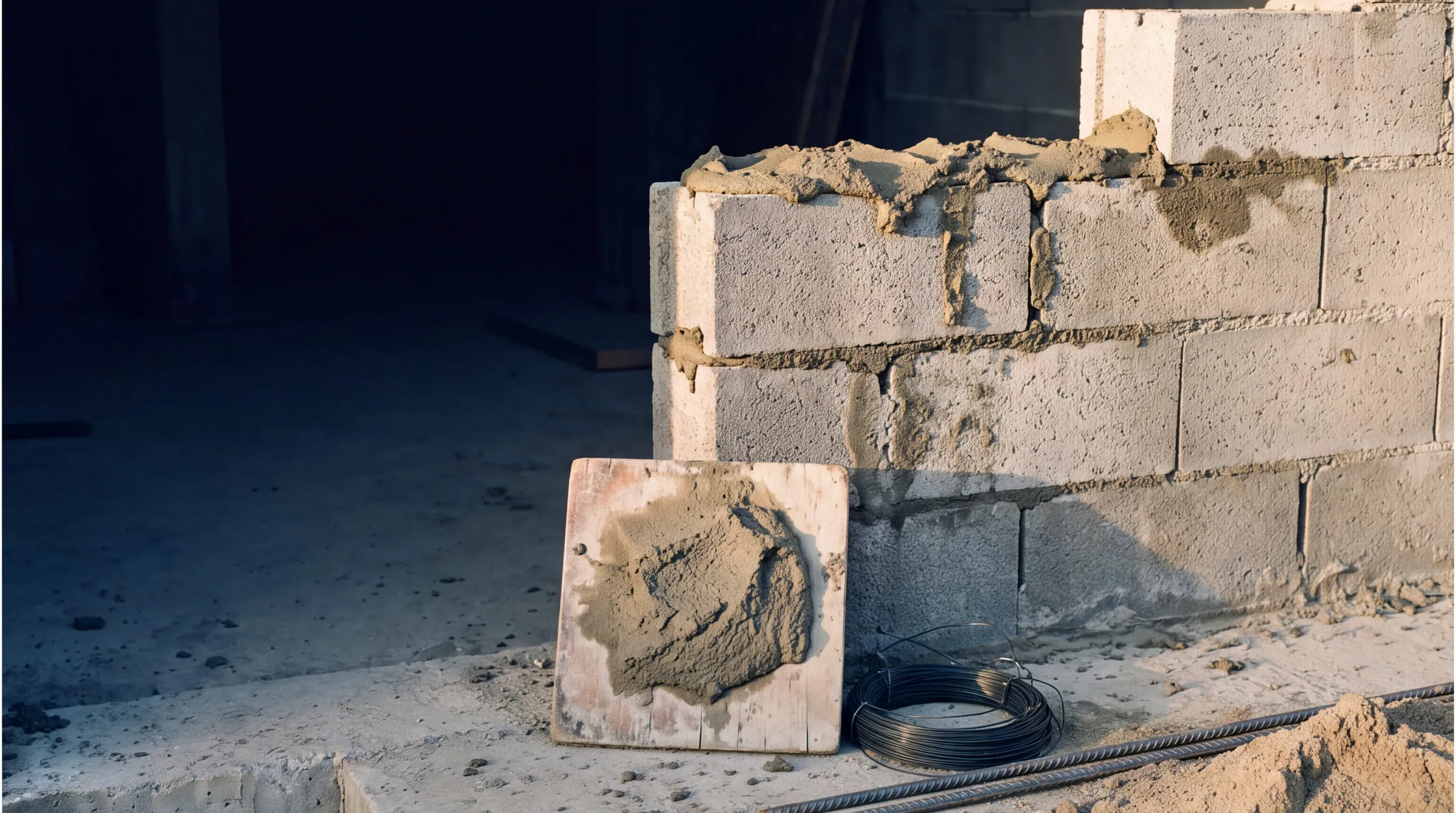 Pied d'un mur en cours de montage, en fin de journée : deux assises de blocs gris dont la dernière est encore ouverte, le mortier refoulé aux joints et débordant sur l'arase, une taloche de bois chargée de mortier posée contre le mur, un rouleau de fil à ligature et deux fers à béton sur la dalle, un tas de sable à droite ; la moitié gauche du cadre est l'intérieur non éclairé du bâtiment. Aucun outil à main n'est resté sur le chantier.
