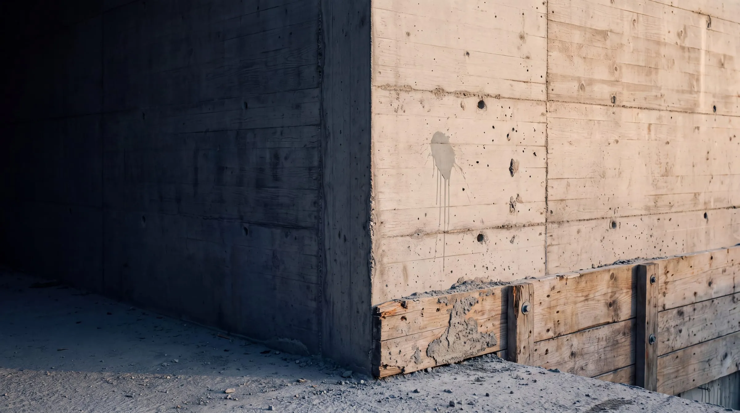 Angle de béton brut fraîchement décoffré : la face de gauche dans l'ombre, celle de droite en lumière rasante où l'empreinte des planches de coffrage, un semis de bulles, quelques trous de tiges d'écartement et une coulure grise sont imprimés dans la surface ; en pied, un reste de coffrage bois encore boulonné.
