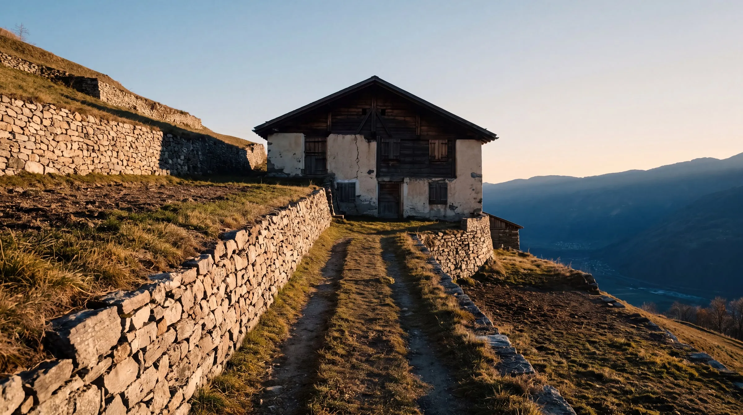 Coteau de montagne en fin de jour : un chemin d'herbe monte entre deux longs murs de pierre sèche vers une vieille ferme de bois sombre et de crépi fendu, tous ses volets fermés et le sol dégagé le long de la façade, des terrasses de prairie fauchée de part et d'autre, la vallée noyée de brume tout au fond.