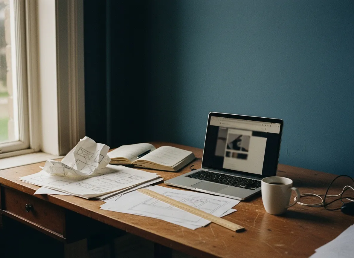 Bureau d'atelier en bois et mur navy : ordinateur portable, croquis de maquettes, carnet et café, lumière de fenêtre.