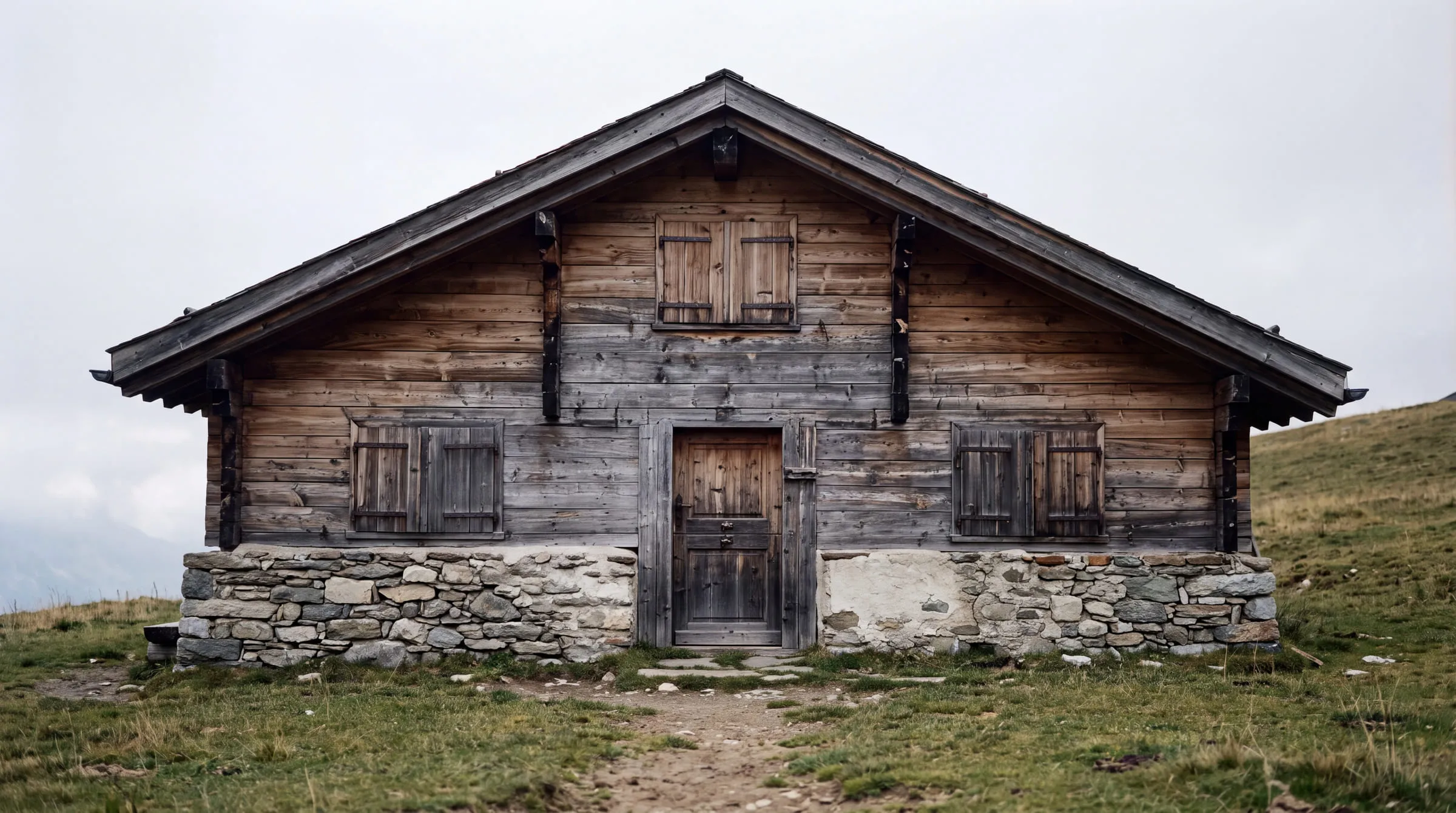 Chalet de mélèze grisé sur un soubassement de pierre sèche, seul dans un alpage d'herbe rase sous un ciel couvert : ses cinq volets de bois sont refermés, la porte est close, un sentier de dalles y mène.