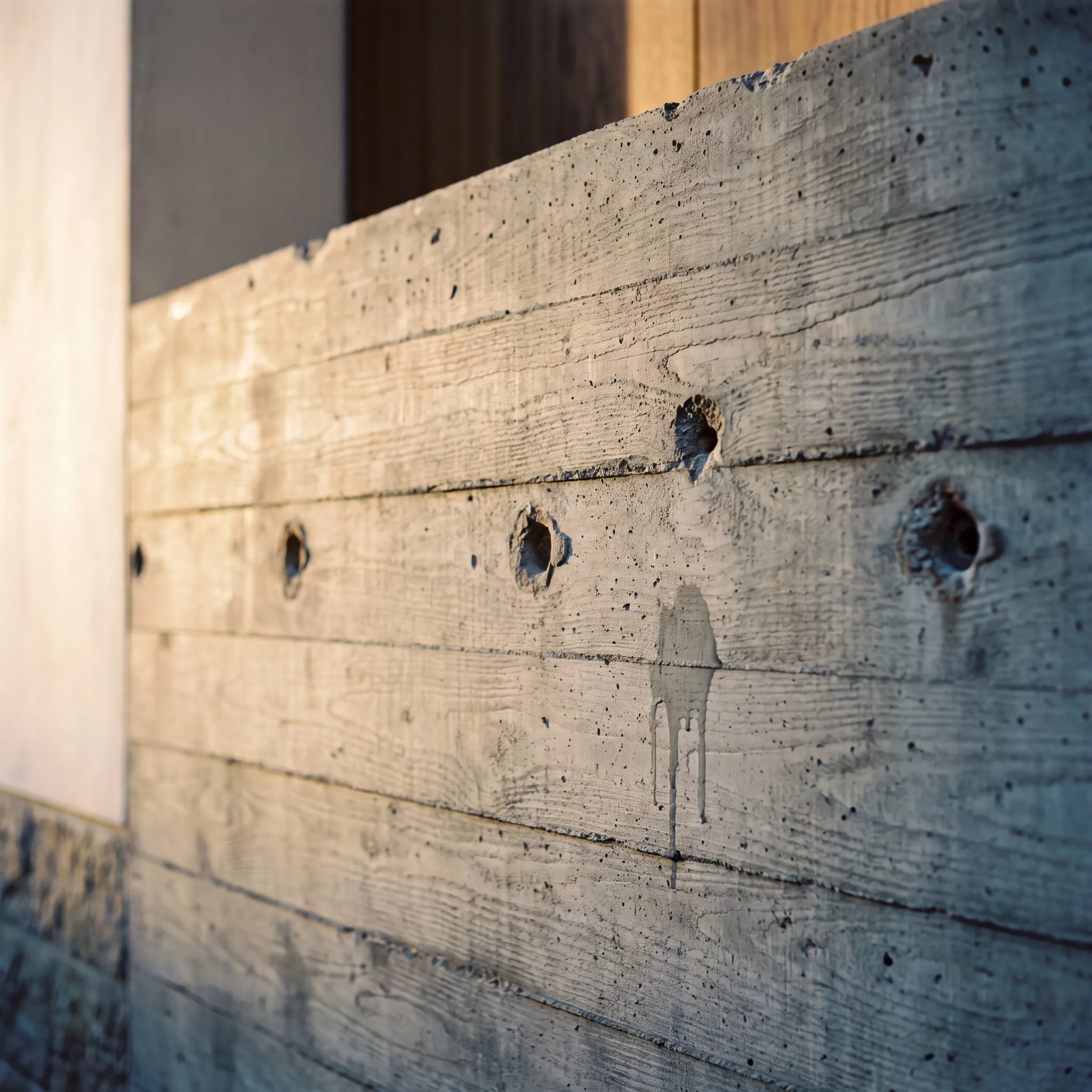 Mur de béton coulé vu en enfilade : l'empreinte des planches du coffrage court sur toute sa longueur, cinq trous de tiges d'écartement — quatre sur un même rang et un plus haut d'une assise —, une coulure de laitance séchée sous l'un d'eux.
